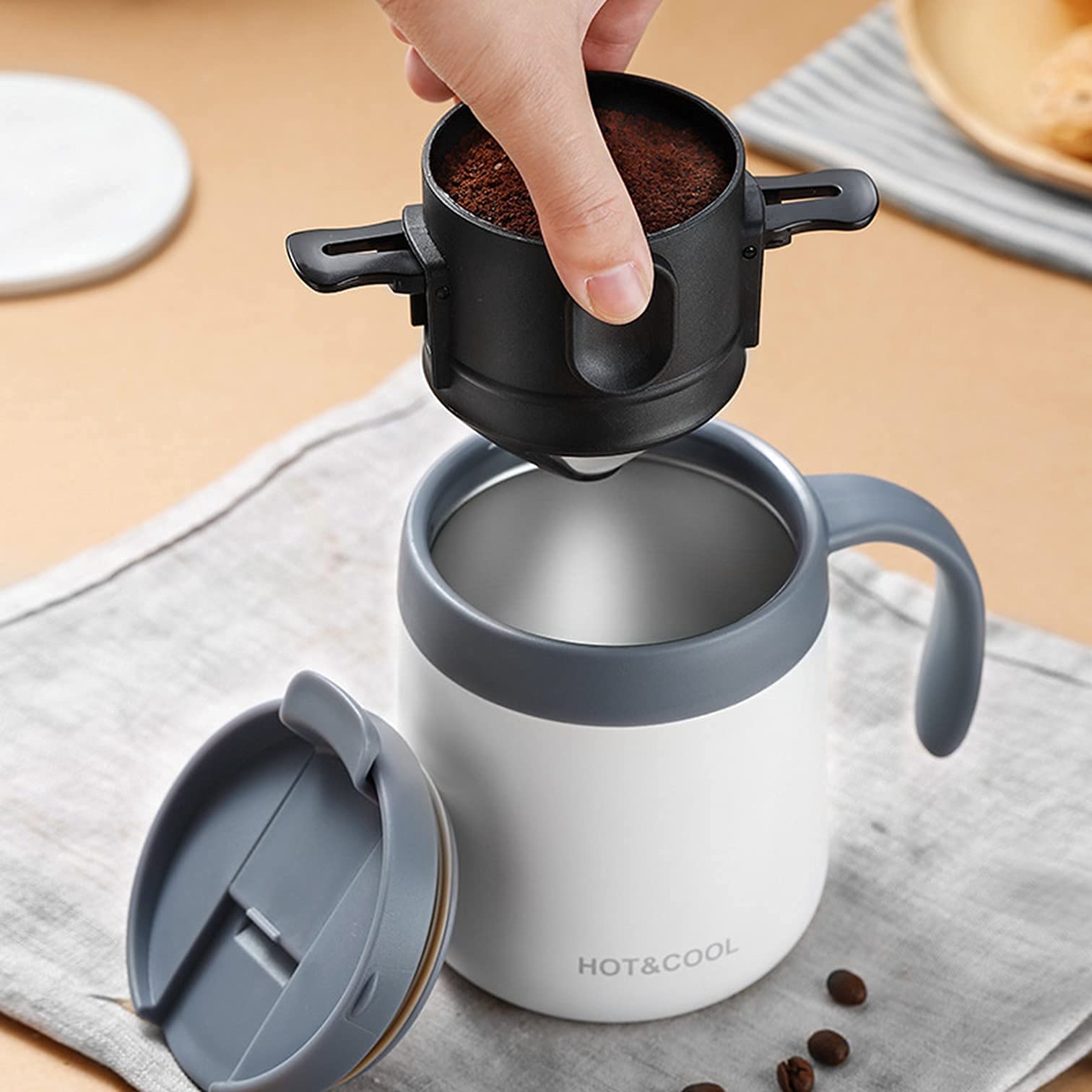 HASTHIP Filter Coffee Maker Double Mesh Pour Over Coffee Filter Food Grade Stainless Steel & Plastic Coffee Dripper 100% Paperless Maker Foldable to Fit Most Cup Keep Coffee Flavour Easy to Use and Clean