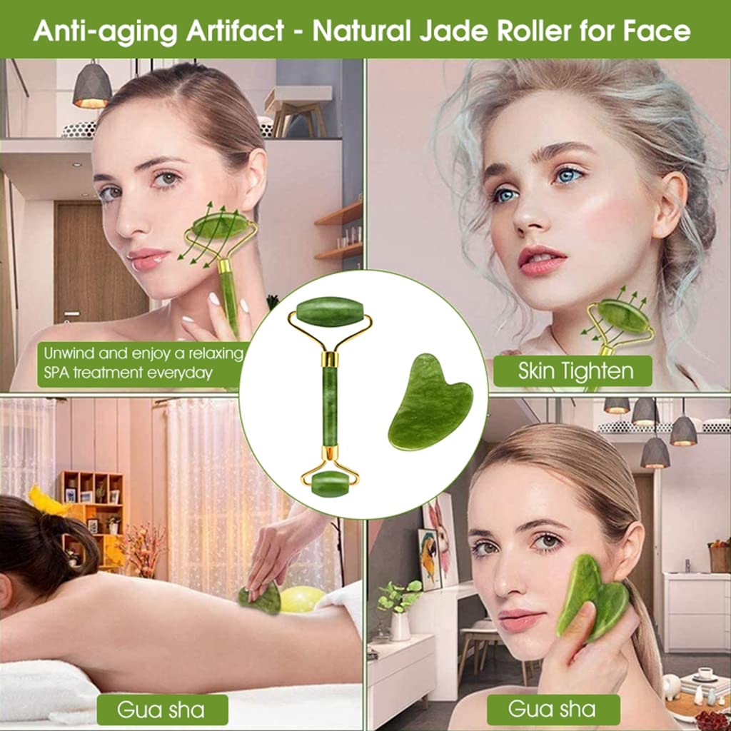 MAYCREATE Jade Roller and Gua Sha Set with Dual Head Roller & V Curve Board for Facial Massage