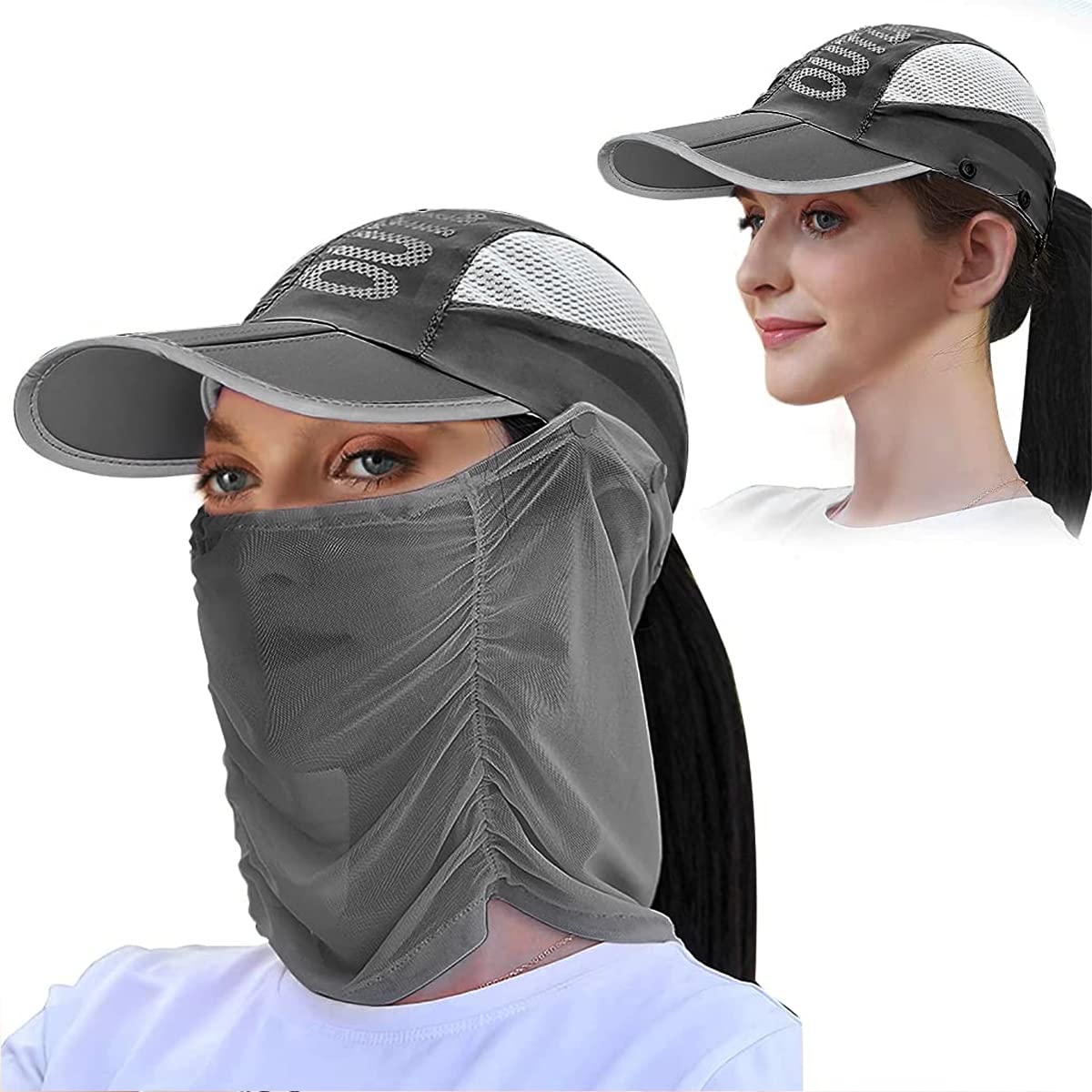 PALAY® Sun Hats for Women with Face & Neck Flap, Foldable Fishing Hat Caps for Women Detachable Face Mask Cover Set, Fashion Breathable UV Protection Hat for Cycling Camping Hiking (Grey, UPF 50+)