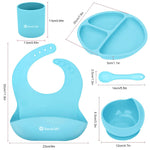 SNOWIE SOFT® 5pcs Silicone Tableware Kit for Baby Foodgrade Silicone Tableware Kit Baby Plate & Bowl with Sucker,Cup,Spoon,Bib Food Grade Silicone BPA-Free Dishwasher & Microwave Safe Baby Product