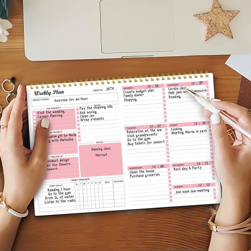 ZIBUYU Weekly Planner Notepad for Work and School with 8.5x11 in Pages featuring Twin Wire Binding and Pink Design