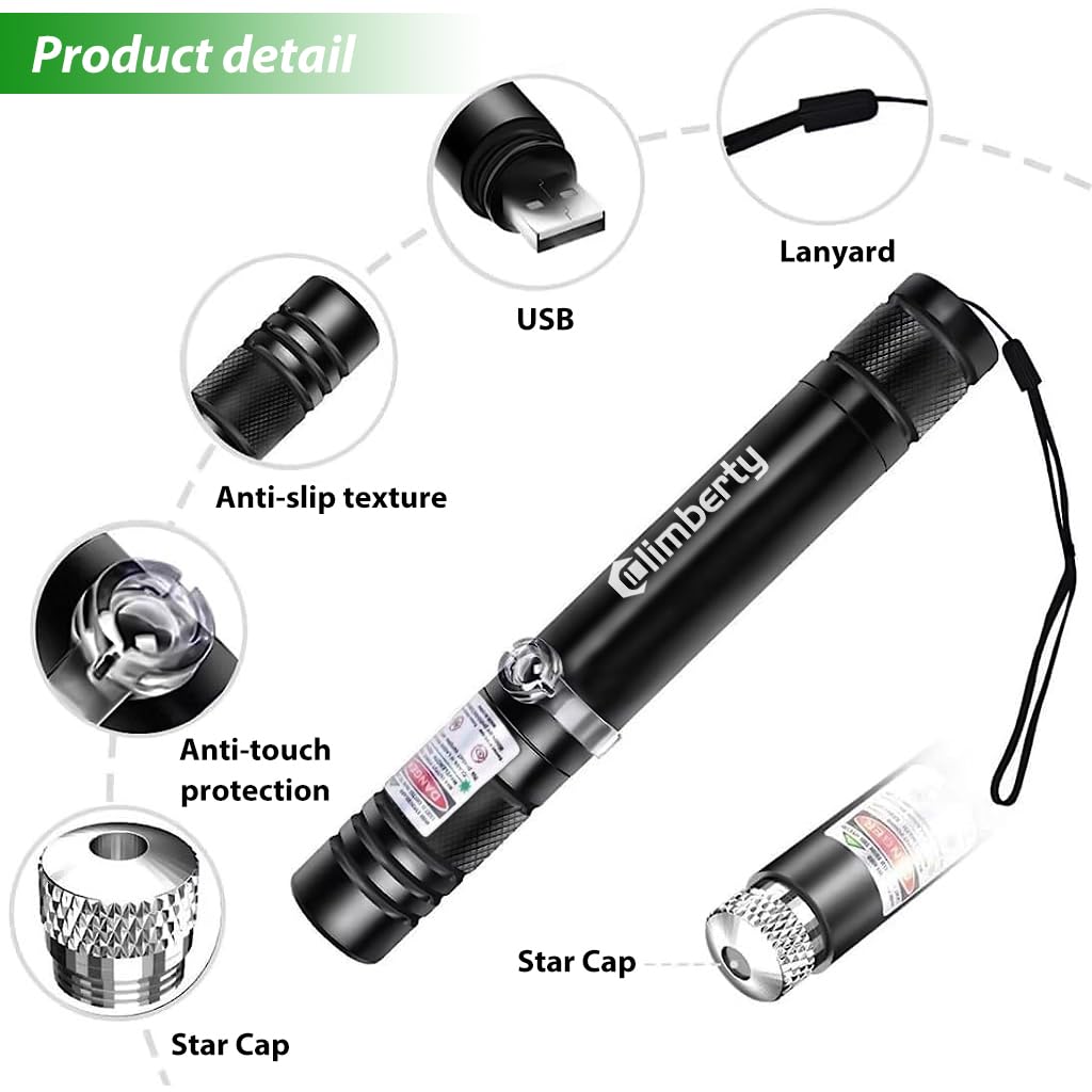 CLIMBERTY Laser Pointer for Presentations and Stargazing with USB Rechargeable Design and 1500m Beam | Green Aluminum Alloy Body