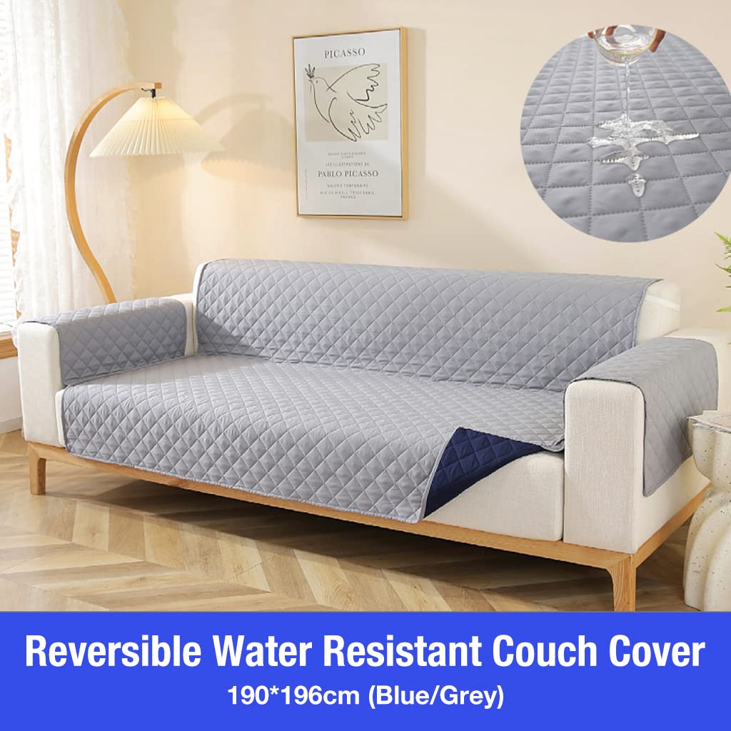 HASTHIP® Sofa Cover 3 Seater, Sofa Slipcover, Reversible Oversized Water Resistant Couch Cover with Foam Sticks Elastic Straps, Furniture Protector for Children Pets Dog Cat, 190 * 196cm (Blue/Grey)