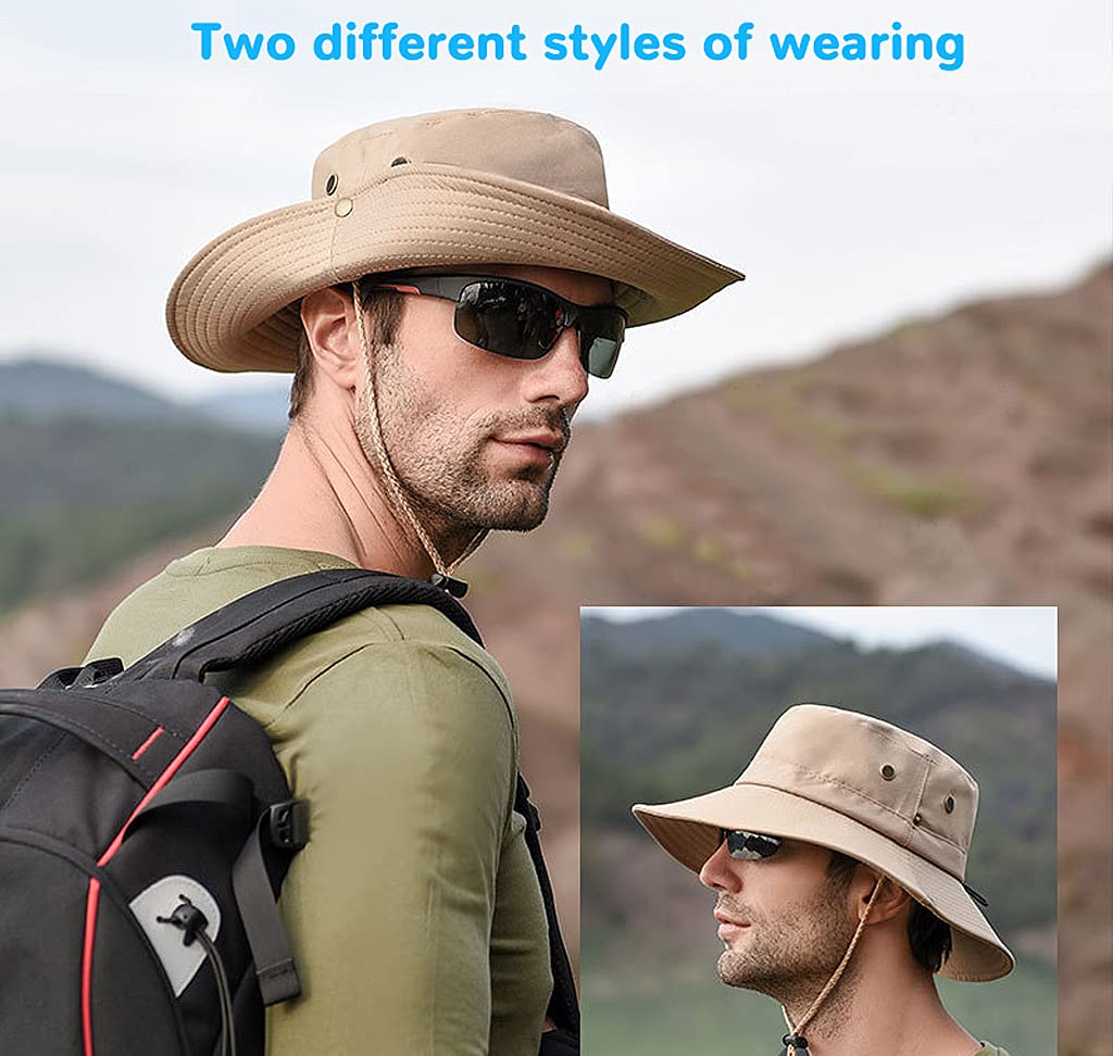 GUSTAVE Sun Cap for Men with Wide Brim and Windproof Rope | UV Protection Foldable Hat