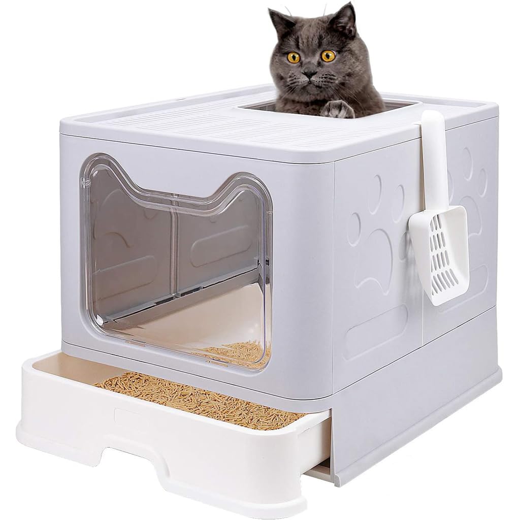 Qpets® Cat Litter Box, Foldable Cat Litter Tray Cat House, Anti Spill Drawer Design Litter Box for Cats Large, Odor Removal Enclosed Kitten Litter Box for Adult Cats Big (51 * 41 * 38 CM)