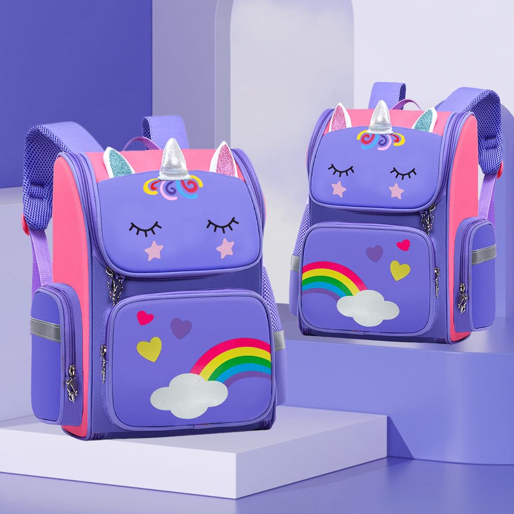 PALAY® Girls School Backpack Unicorn Cartoon Backpack Primary Bookbag Waterproof Backpack for School, Travel, Camping, Burden-relief Backpack School Gift for Kids 7-12 Years Old