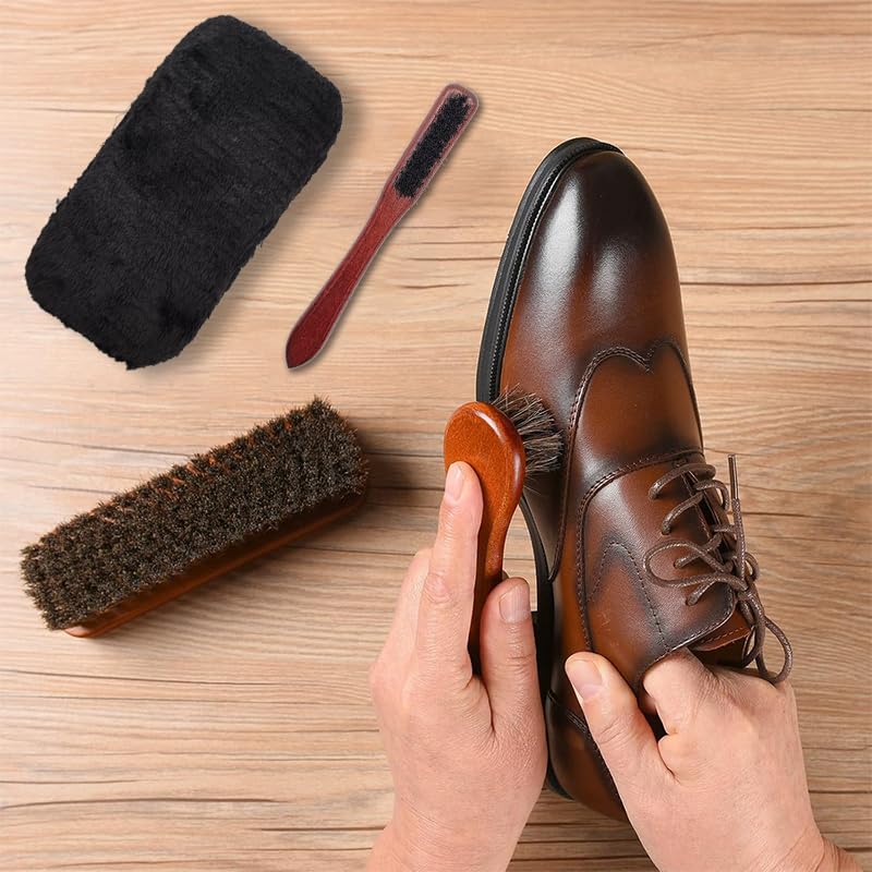 HASTHIP Horsehair Shoe Brush Set for Leather Care with 4PCS Kit and Handcrafted Wood Handle