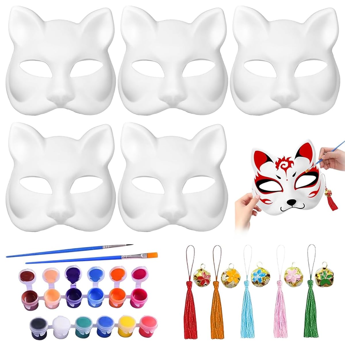 PATPAT® 5pcs Cat Mask, Blank DIY Halloween White Graffiti Cat Masks Graffiti Masquerade Mask Halloween DIY Face Mask with Acrylic Paints, Brush Pens, Tassle Charms & Sakura Bell Charms