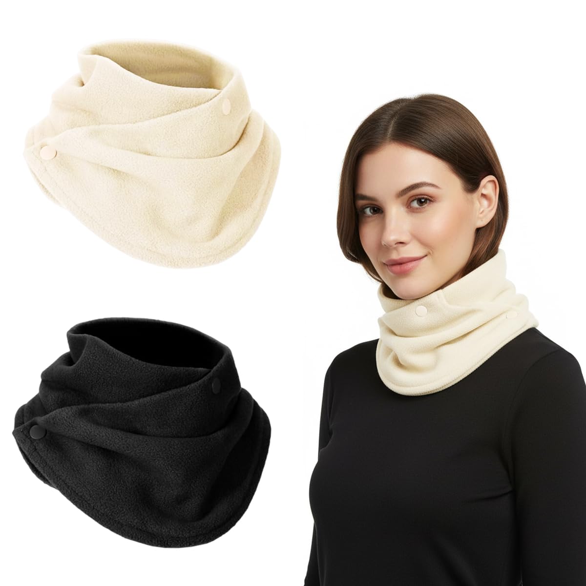 SANNIDHI Winter Scarf for Women and Men with Button Up Closure and Soft Polar Fleece | 2Pcs Thermal Neck Warmer in Black & Beige