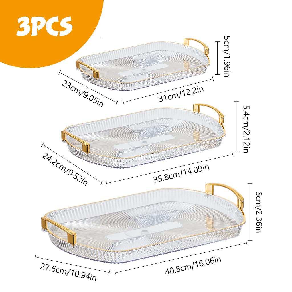 Supvox® Home Serving Tray Set of 3Pcs Clear Serving Tray with Golden Handles 3 Sizes Shallow Serving Tray Fruit Serving Tray Buffet Serving Food Tray Food Grade Reuseable Serving Tray for Sliced Fruit