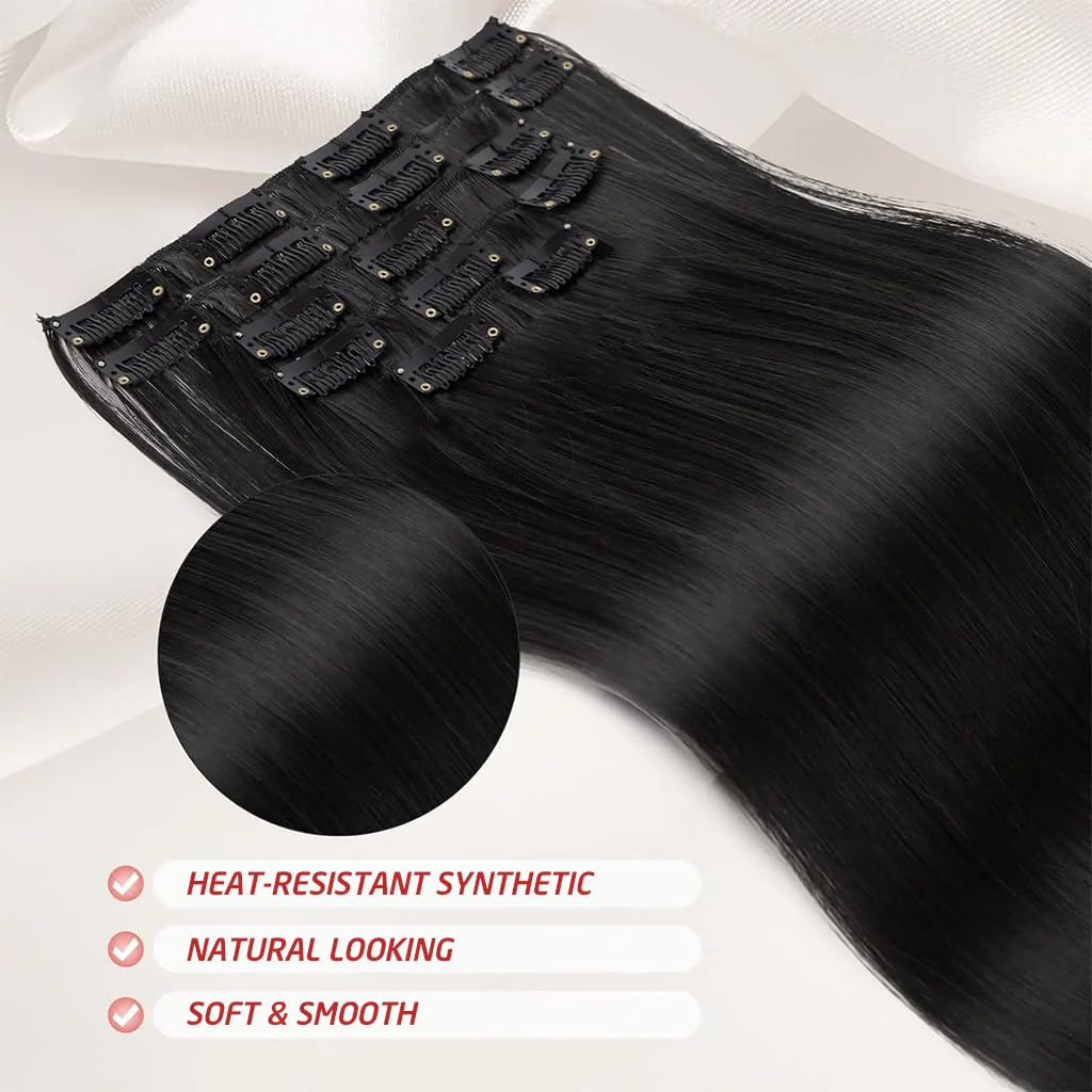 MAYCREATE Hair Extensions for Women with 7 Clip Pieces 22 in Straight Synthetic Fiber | Natural Black Seamless Volume