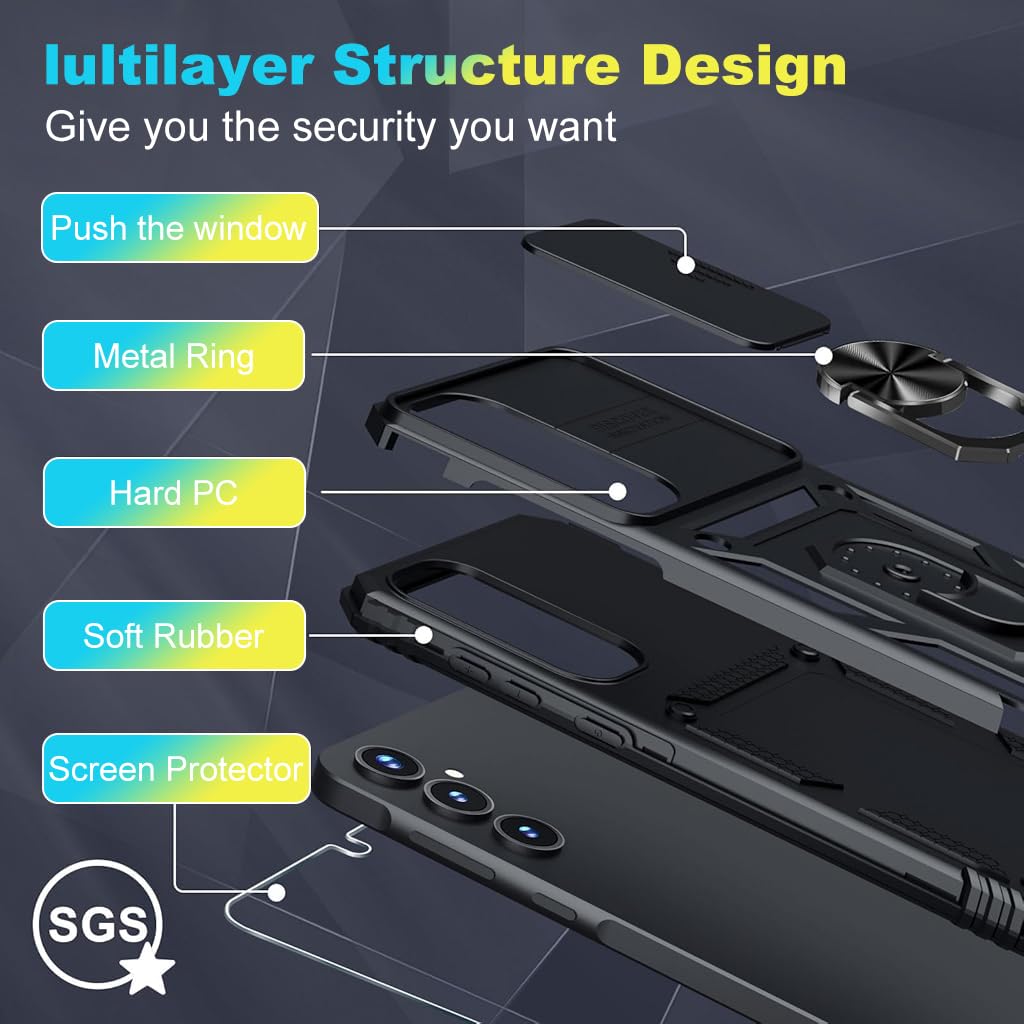 ZORBES Samsung Galaxy A35 Phone Case with Magnetic Kickstand Ring and Slide Camera Cover | Black PC and TPU Shockproof Protection