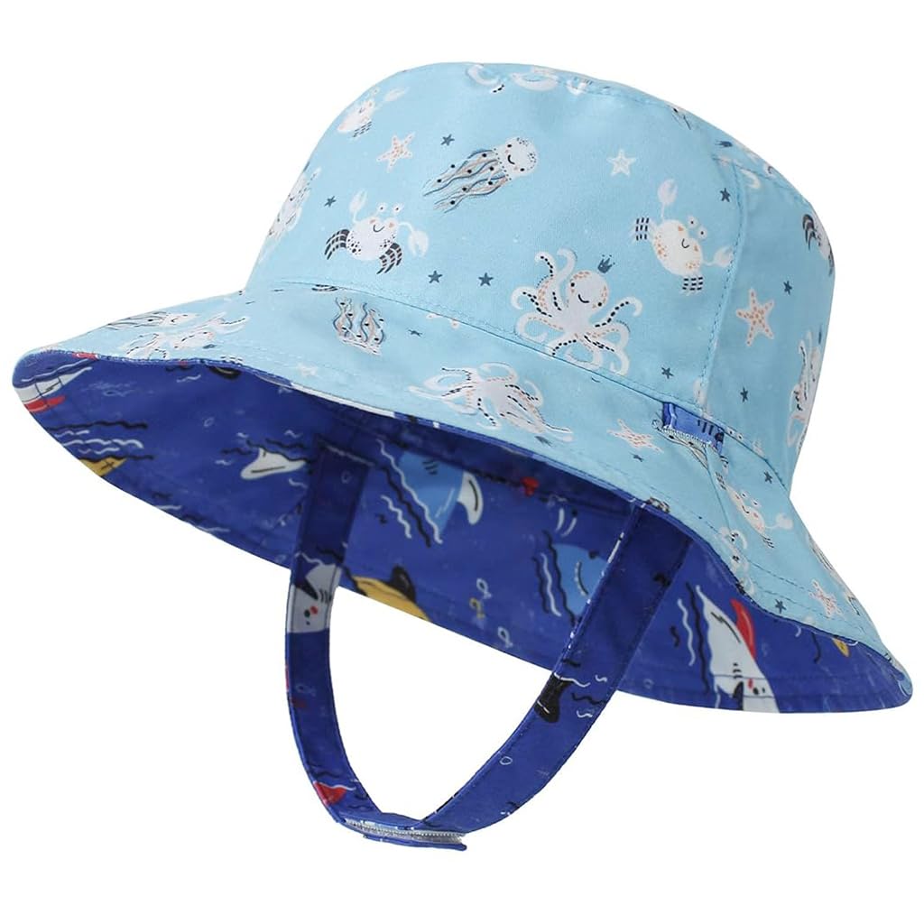 SNOWIE SOFT® Sun Hat for Baby Beach Hat Bucket Hat for Girls Boys Fashion Reversible Cartoon Hat for Boys Girls 3-6 Months, UPF50+ Sun Protection Beach Hat with Chin Strap, Head Circumference 46CM