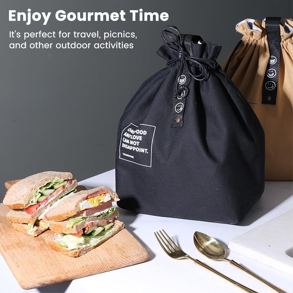 HASTHIP Reusable Lunch Bag for Work and Picnic with Drawstring Closure and Insulated Canvas 21x15x30cm