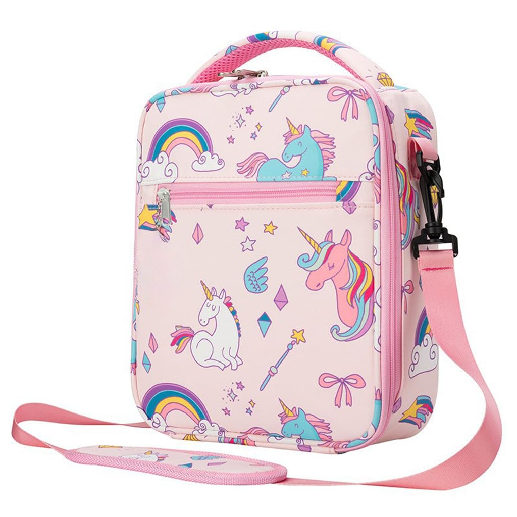 HASTHIP® Lunch Box for Kids Girls Insulated Lunch Bag, Pocket Pink Unicorn Print Thermal Lunch Tote Bag with Shoulder Strap for School Thermal Meal Small Lunch Tote Toddler Rainbow Lunchbox