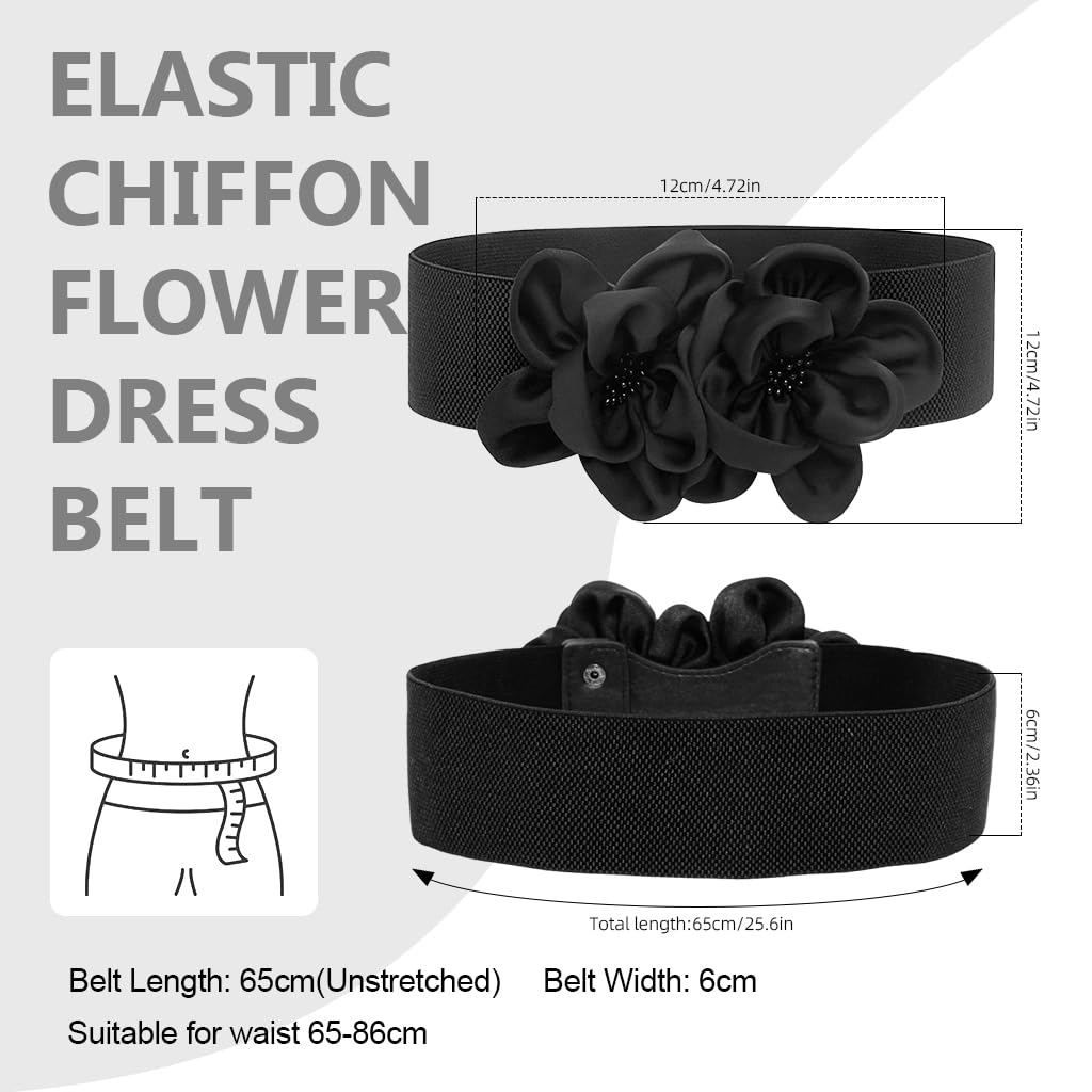ZIBUYU Stretch Wide Waist Belt for Dresses with Snap Closure and Chiffon Flowers | Adjustable 65–86 cm Black Elastic Design