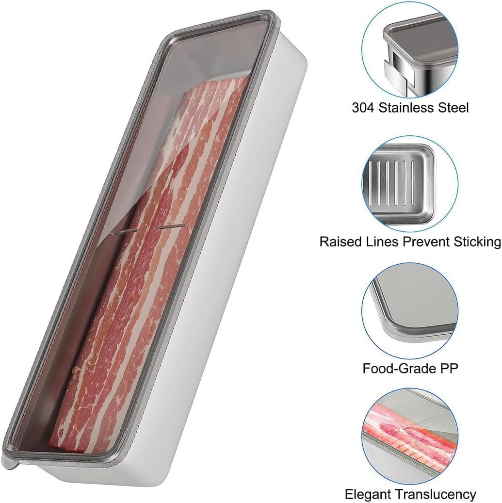 Supvox Stainless Steel Airtight Bacon Box for Meal Prep with Clear Lid 27x10x5cm