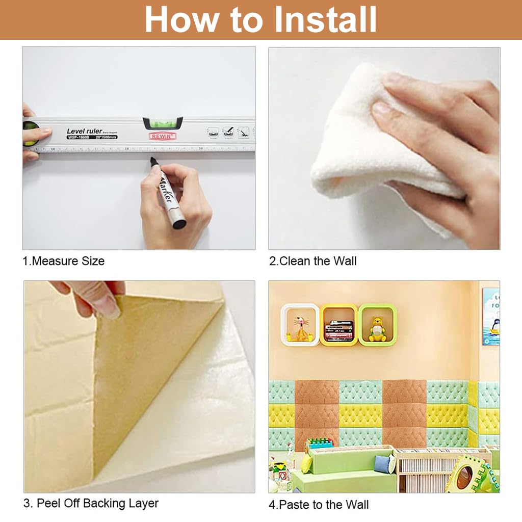 HASTHIP Bed Headboard Foam Panels 4 pcs with 8mm Adhesive Backing in Brown Leather Style | Easy to Install Wall Pads for Bedroom and Living Room Decor