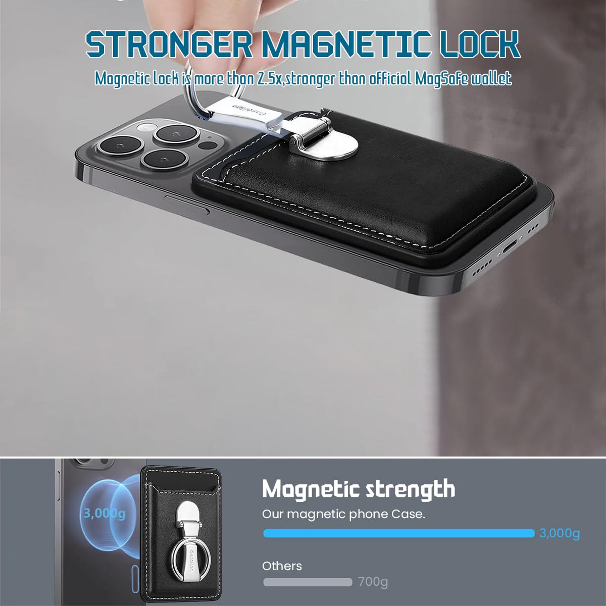 ZORBES Magnetic Wallet Phone Card Ring Holder with 360° Rotatable Metal Ring and PU Leather Design for iPhone 15 14 13 12 Series