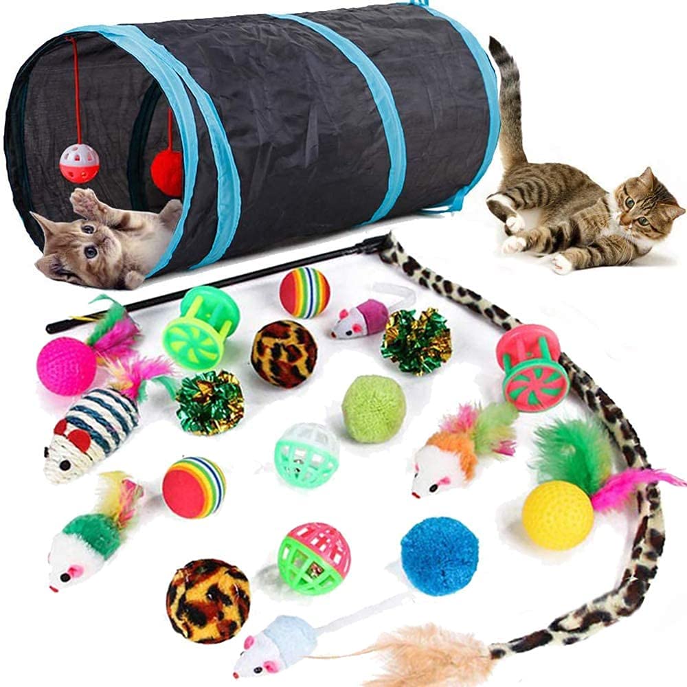 Qpets® Cat Toys Kitten Toys Cat Toy for Indoor Cats Cat Feathers Wand Cat Interactive Toys Set with Mouse Mice Balls and Bells Toys for Cats Kitten Toys for Kttens to Play