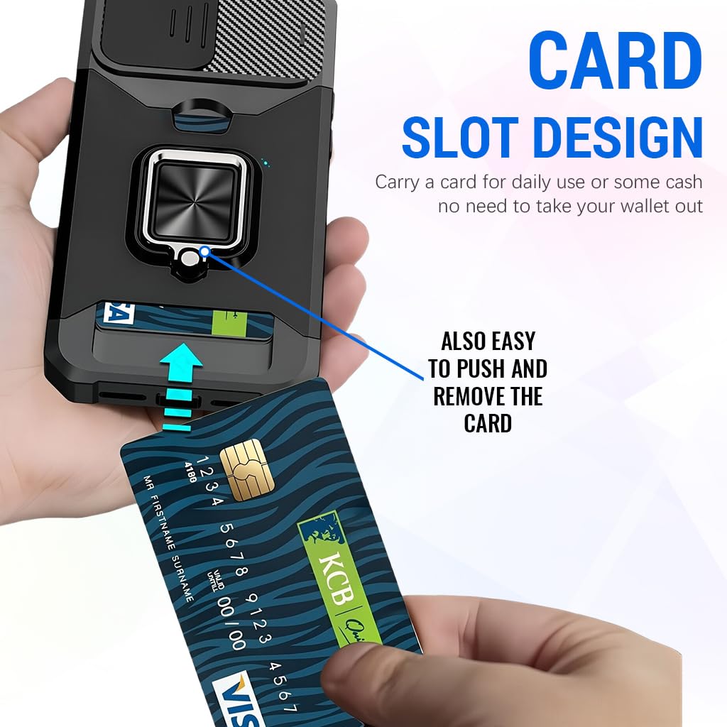 Zibuyu Phone Case for Samsung Galaxy A56 with 360° Ring Holder and Sliding Camera Cover | Black TPU Bumper Protective Cover with Card Slot