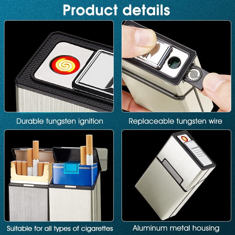 GUSTAVE  Brushed Aluminum Cigarette Case with USB Electric Lighter, Portable Cigarette Box for Whole Package 20pcs Cigarettes, Flameless Lighter, Moisture-Proof and Scratch(Golden)