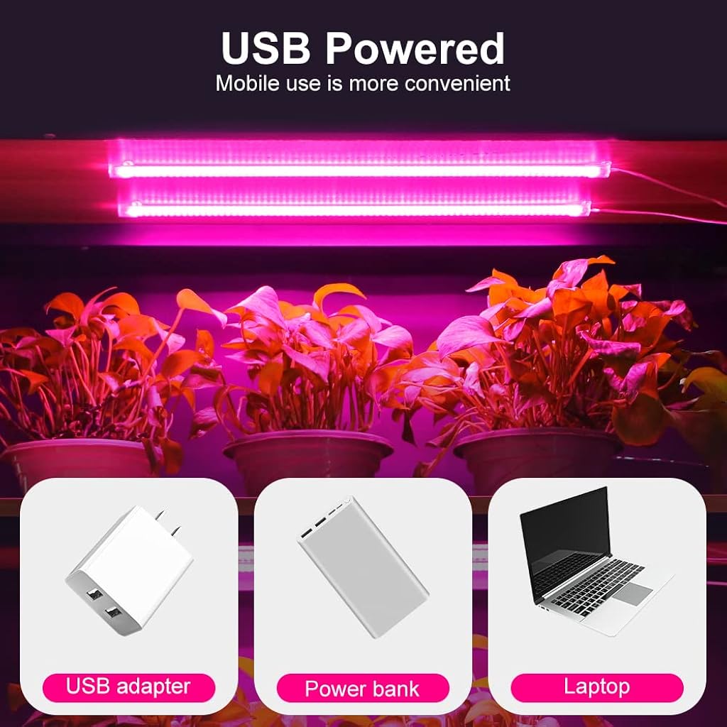 Qpets® LED Grow Lights Bars for Indoor Plants, Full Spectrum Strips Auto ON/Off, 8/12/16H Timer, 5 Dimmable Levels High Output USB 5V Grow Lamp Hydroponics Seedling Flower Starting(Pink Purple)