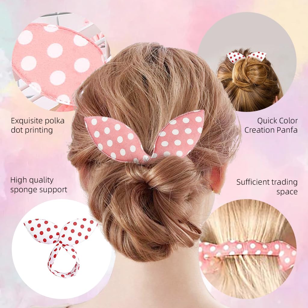 PALAY® 5Pcs Hair Bun Accessories for Women Girls Magic Bun Maker for Hair Elegant Rabbit Ear Hair Buns French Hairstyle Polka Dot Print Hair Bun Clips for Daily, Party, Wedding