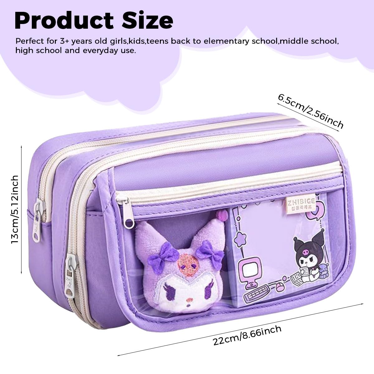 Zibuyu Kuromi Transparent Pencil Case Set for School with 20 Stickers and PET Pouch | Cute Gift for Girls