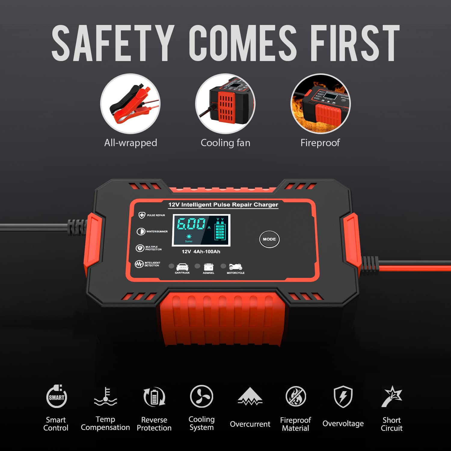 STHIRA Car Battery Charger, Smart Car Battery Charger 12V 6A Automatic, LCD 12V Pulse Repair Battery Charger, Battery Maintainer, Multi Protection Mechanism,Temperature Monitoring