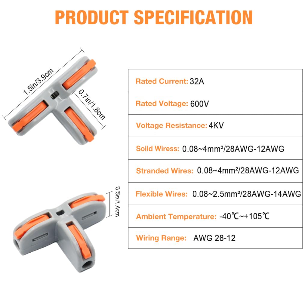 Serplex® 30Pcs Wire Connectors T-Shape 3 Way Wire Conductor Quick Cable Splitter Electrical Connectors Push-in Terminal Block Wire Connectors Universal Wire Connector for AWG 28-12 Cable