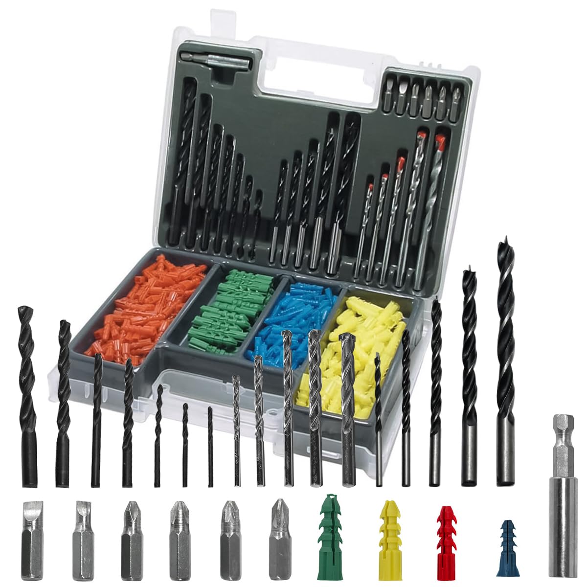 Serplex® 300Pcs Twist Drill Bits Drywall Anchors Screwdriver Bits 2-10mm Twist Drill Bits Carbon Steel Drill Bits 4 Sizes Drywall Anchors Universal Twist Drill Bits Power Drill Bit Set with Box