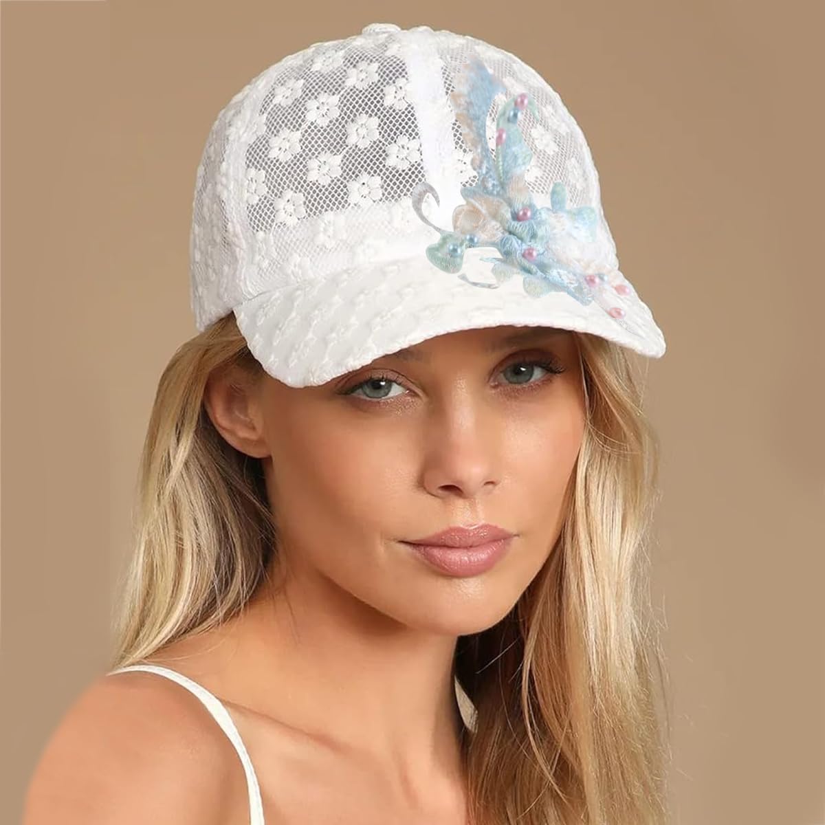 PALAY® Lace Cap for Women Summer Flower Embroidery Women Cap Fashion Baseball Cap for Girls Pearl Decor Casual Hat Breathable Lightweight Golf Sport Cap