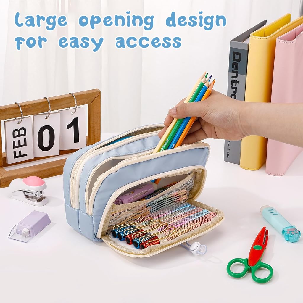 Zibuyu Pencil Case with 4 Compartments for School and Office | Cute Blue Style for Girls