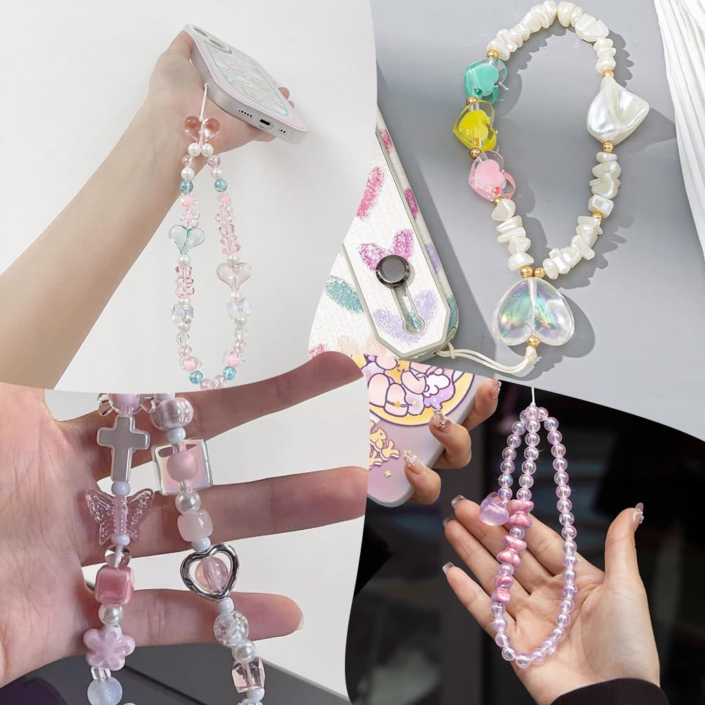 ZORBES Beaded Phone Lanyard for Girls and Women with Acrylic Butterfly and Heart Charms | 4Pcs Colorful Wrist Strap Accessory