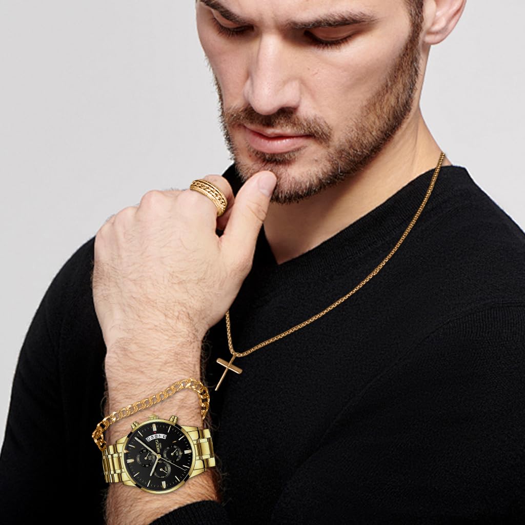 PROBEROS Watch for Man 4Pcs Jewellery Set with Gold Necklace Bracelet Ring & Gift Box | Stainless Steel Accessories for Men
