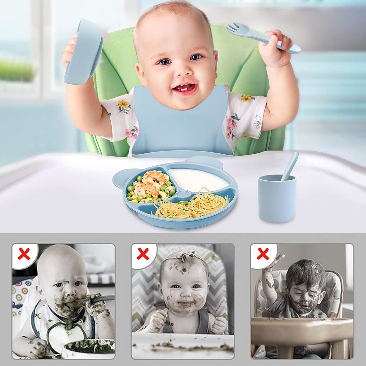 SNOWIE SOFT Silicone Baby Tableware Set for Toddlers with Suction Plate and Bowl | 6Pcs BPA-Free Dishwasher Safe