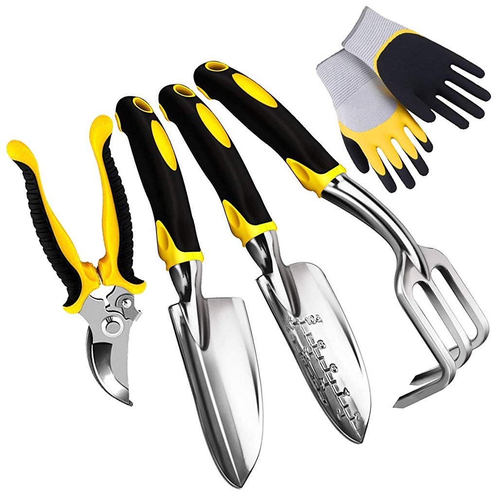 Supvox 5Pcs Gardening Tools for Garden Home Patio, Heavy Duty Aluminum Tools Set with Gardening Transplanting Spade, Cultivator, Pruner, Trowel and Gardening Gloves, Durable Gardening Accessories