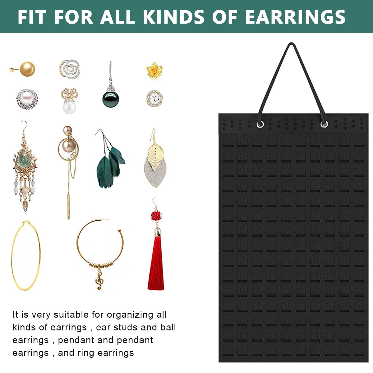 HASTHIP Wall Hanging Jewellery Organizer for Earrings and Necklaces with 35x70 cm Felt Board | Black Storage Display for Women