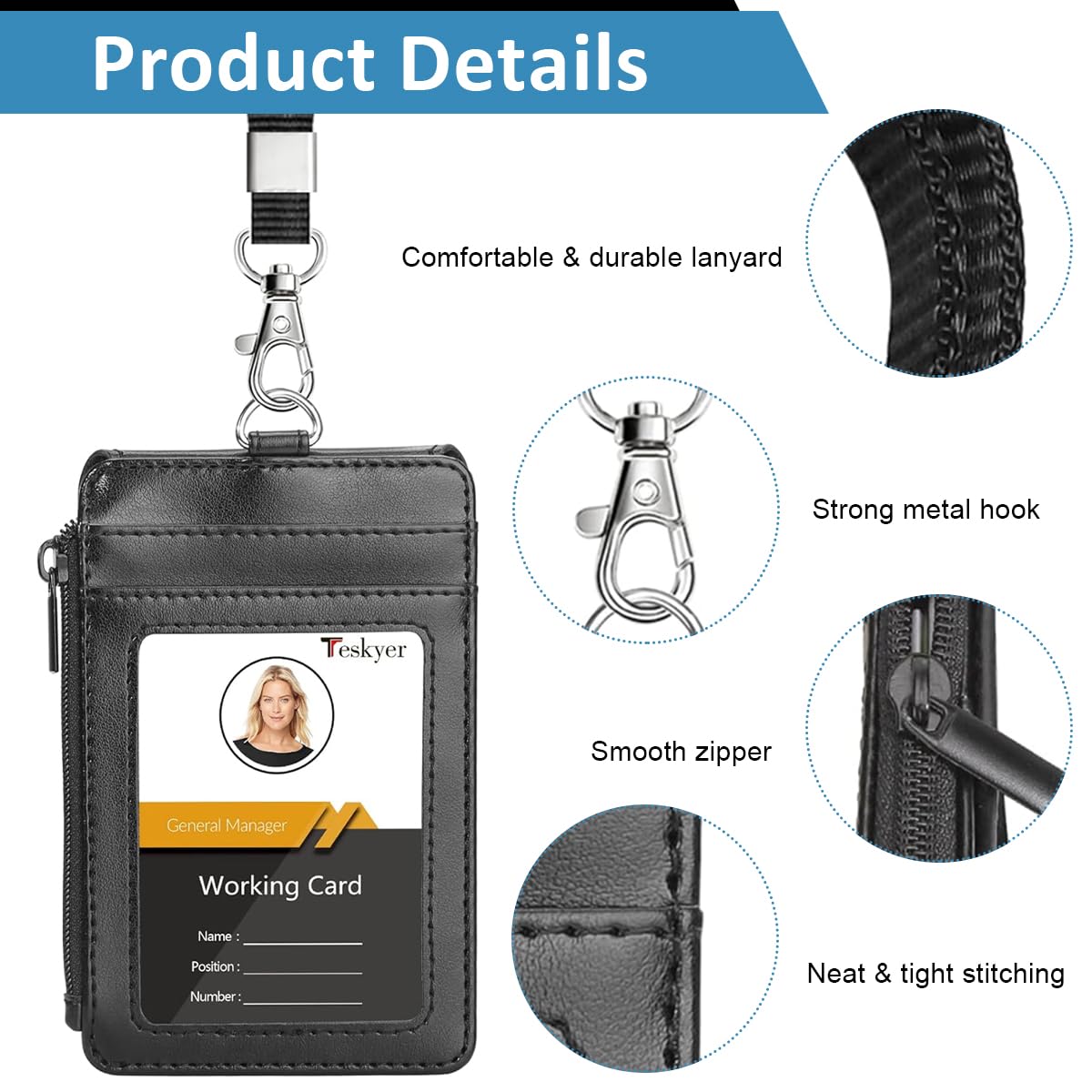 OFIFO Badge Holder for Staff ID Cards with Zipper Pouch and Card Slots | PU Neck Strap