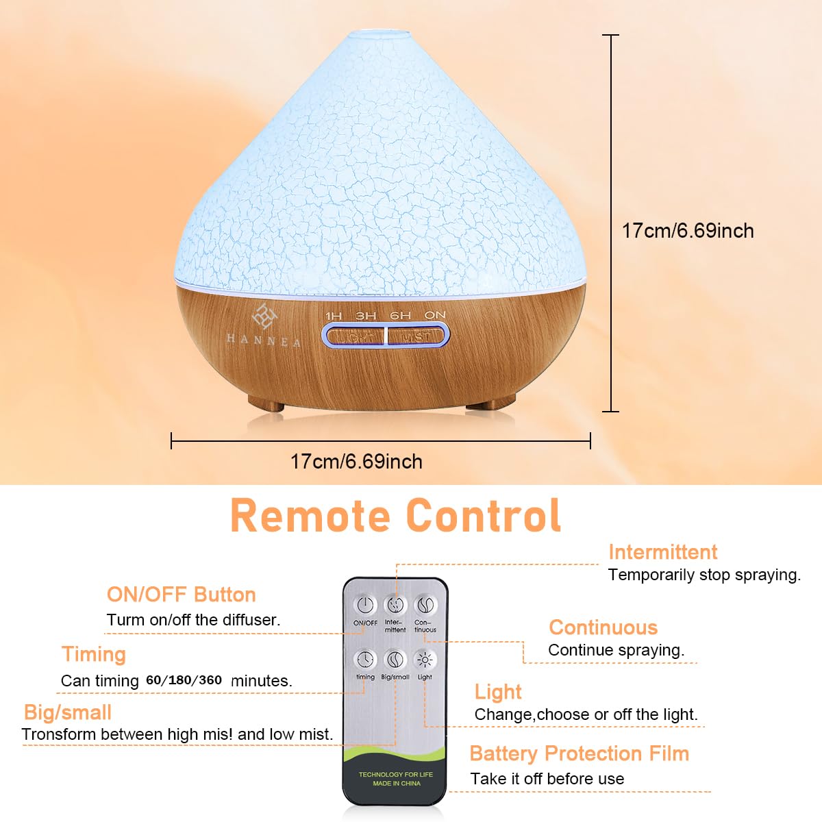 HANNEA LED Humidifier Aroma Diffuser for Home with 500ml Tank and Remote Control | 3 Timer Settings