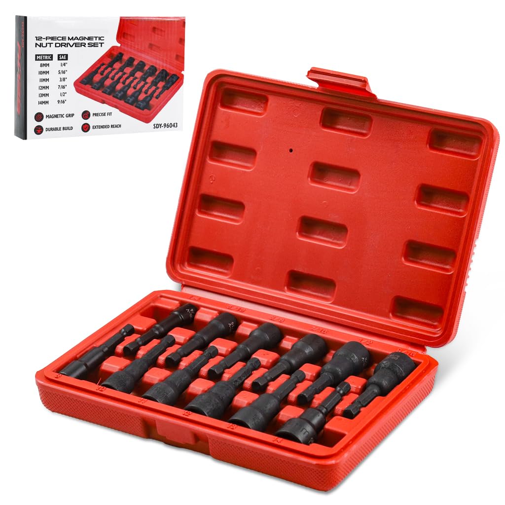 Serplex® 12Pcs Nut Driver Set Heavy Duty CR-V Hex Nut Driver Drill Bit Set with Carry Case Metric 1/4-Inch Quick-Change Impact Power Hex Nut Driver Drill Bit Kit Impact Power Accessories