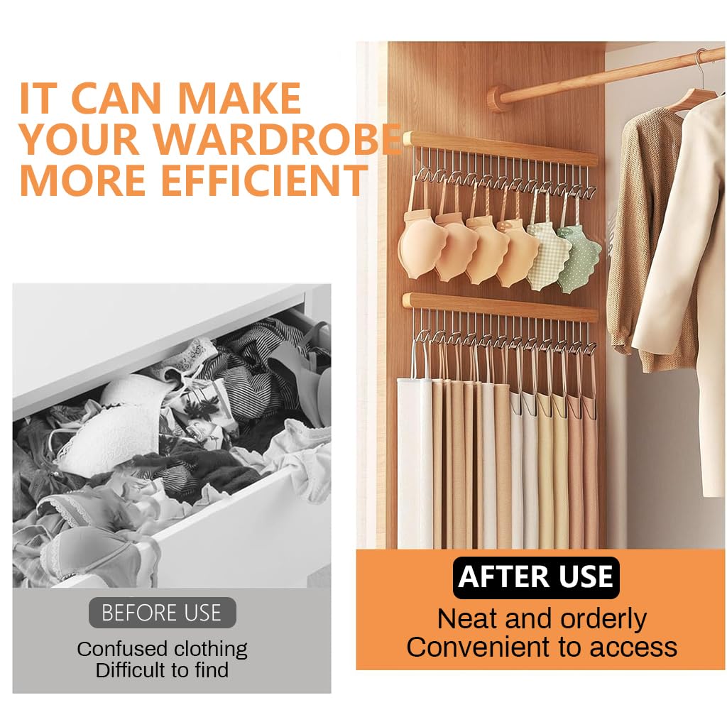 HASTHIP Belt Organiser for Wardrobe with 12 U Shaped Hooks 41x8cm Wooden Pull Out Hanger | 3PCS Set