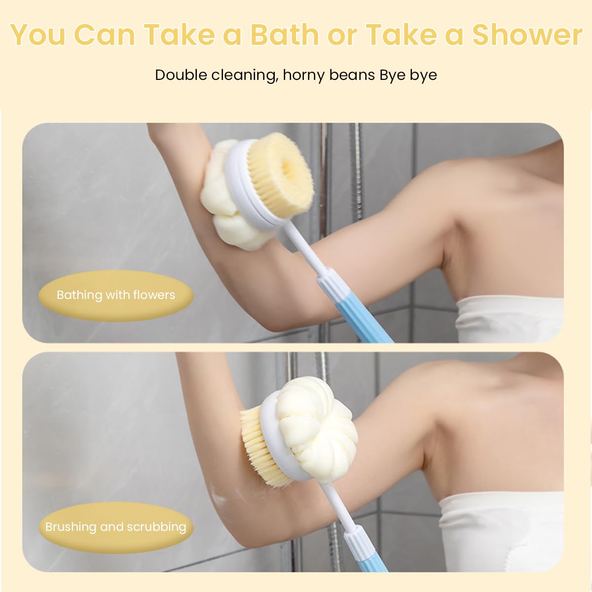 MAYCREATE Silicone Body Scrubber for Shower with 14.9 in Long Handle and Double Sided Design | Gentle Exfoliation for Men and Women