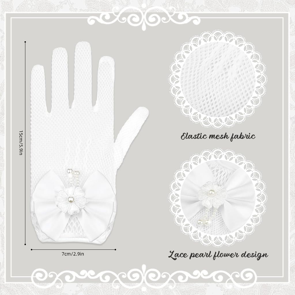SNOWIE SOFT 4Pcs Girls Jewelry Dancing Party Dressing Kit Lace Bow Gloves Jewelry Set with Pearl Earrings, Pearl Necklace, Bracelet Girls Jewelry Lace Gloves Kit for Ball, Party