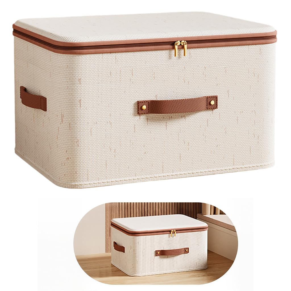 HASTHIP Storage Bins for Clothes with Dual Zipper and Reinforced Handles | 56L Foldable Cotton Linen Boxes