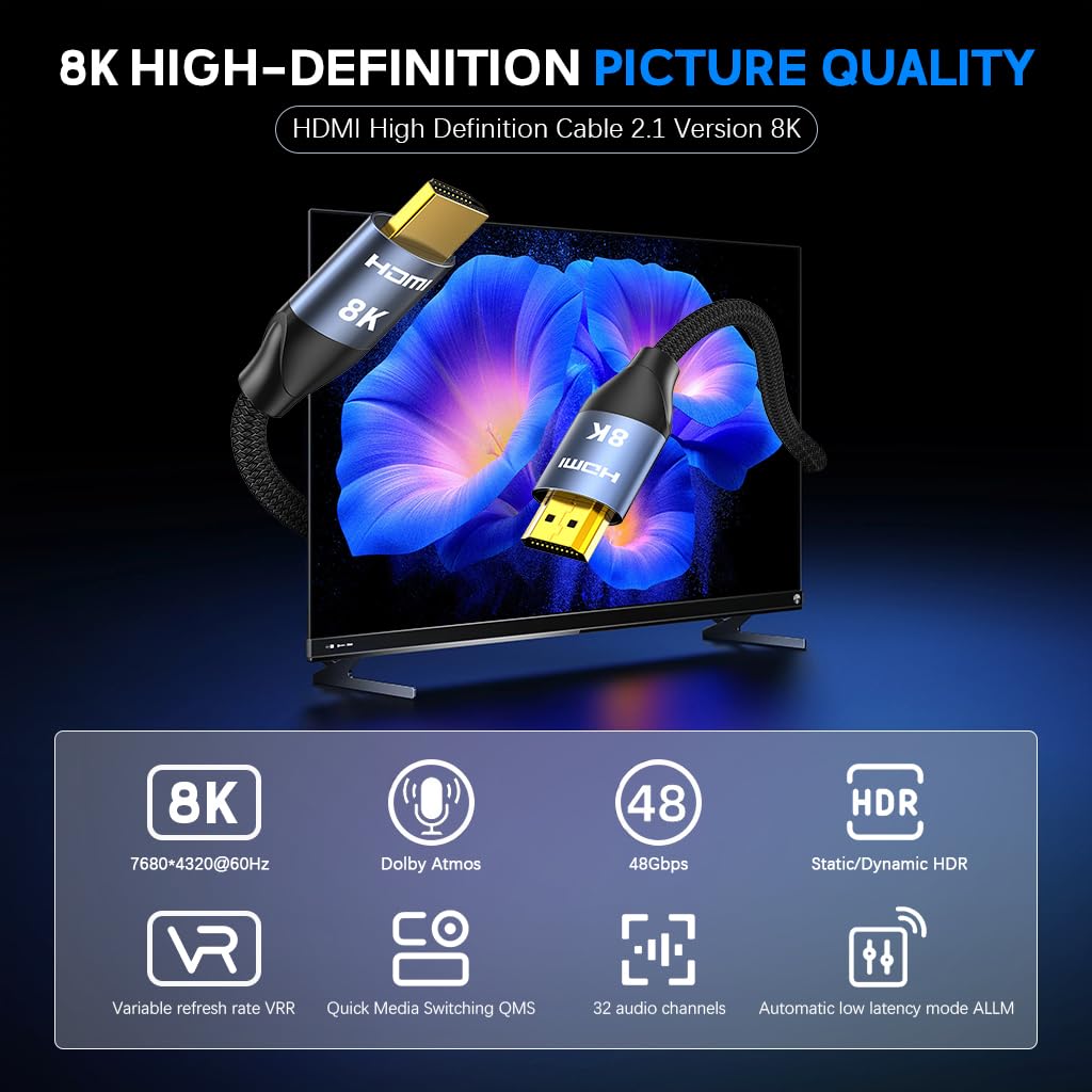 Verilux 8K HDMI 2.1 Cable 9.8 ft for Gaming and Streaming with 48Gbps Speed & Aluminum Alloy Shell