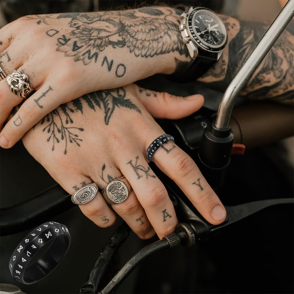 GUSTAVE Ring for Men with Nordic Rune Engravings in Black Titanium Steel | Norse Jewelry Gift