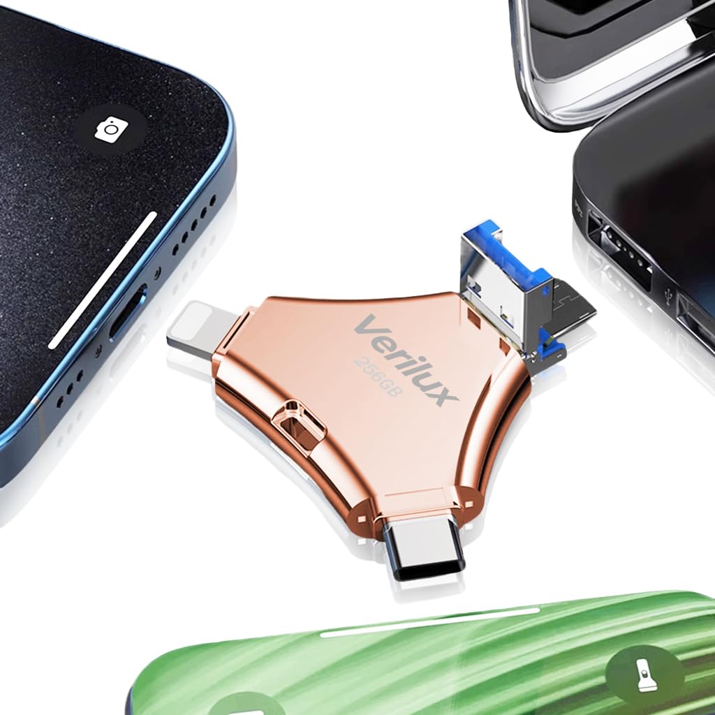 Verilux Pendrive 256 GB with 4 in 1 Type C Light-ning USB Micro Port | Pink Metal Keychain
