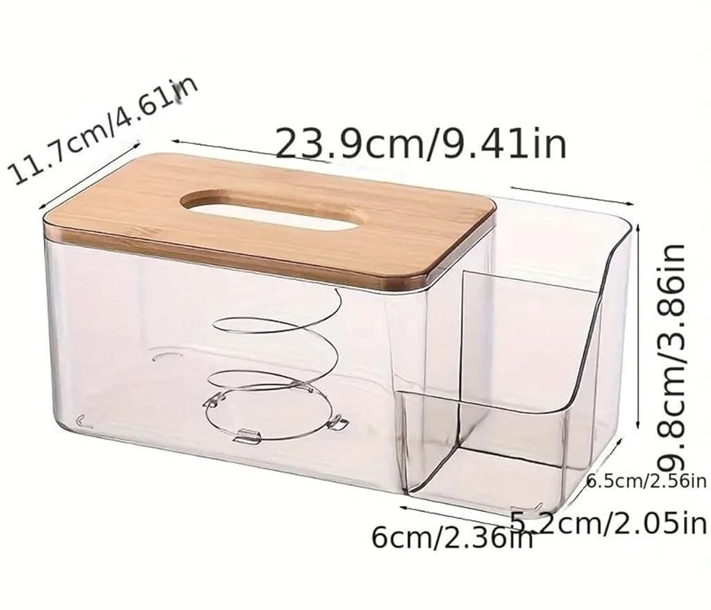HASTHIP® Tissue Paper Dispenser Box, 2 in 1 Clear Desk Tissue Paper Dipenser Case with Wooden Lid Desk Organizer Remote Holder, 30.5x11.7x9.8cm